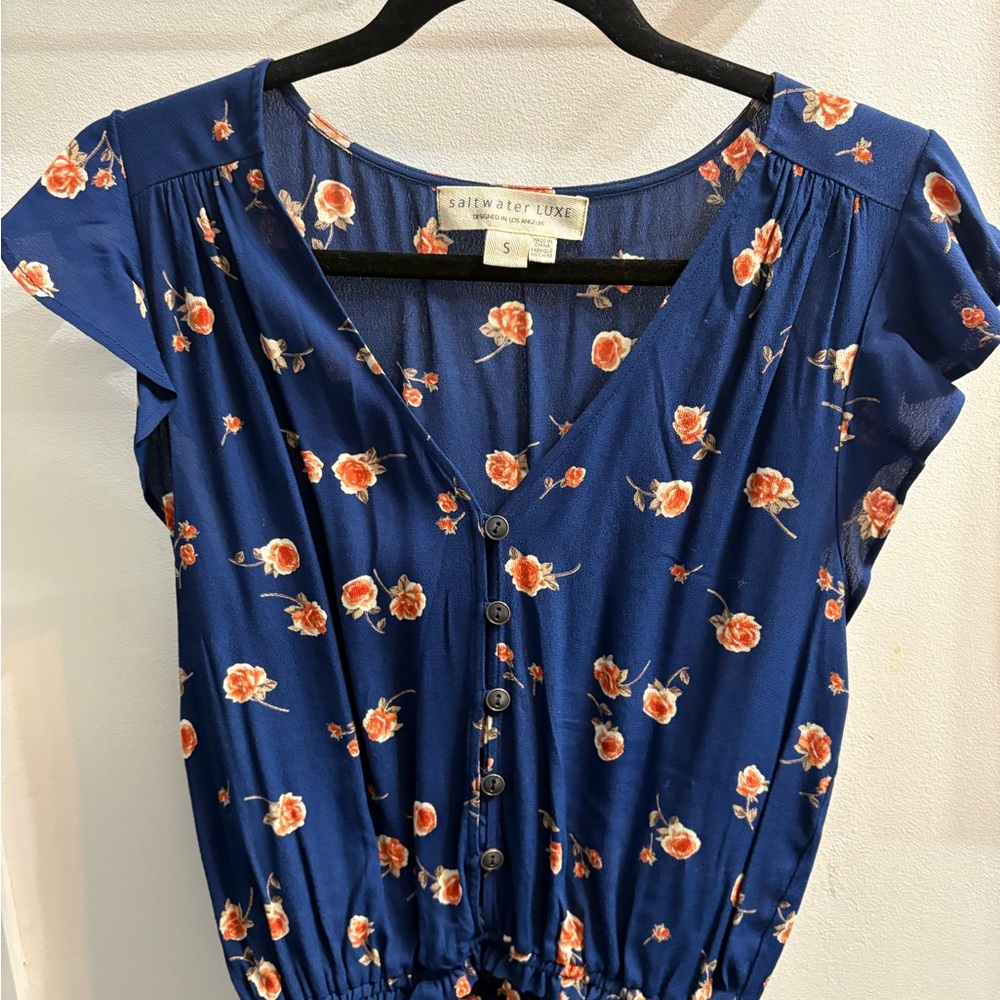 Saltwater Luxe Blue Ruched Blouse with V-Neck